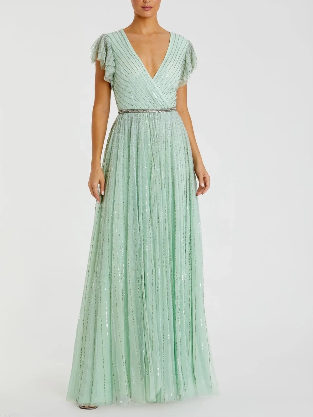 NWT Mac Duggal 5502 Sequined Wrap Over Ruffled Cap Sleeve Gown Seamist Sz 10